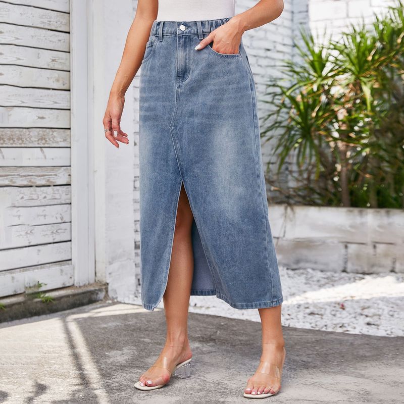 Gonna midi in denim con spacchi e vita elastica lavata da donna_voghion.com