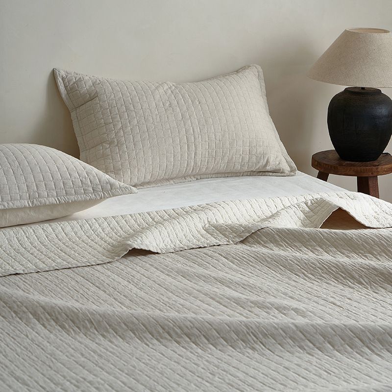 Set copriletto minimalista in cotone e lino (3 pezzi) - Coperta estiva trapuntata di alta qualità, multifunzionale e reversibile_voghion.com