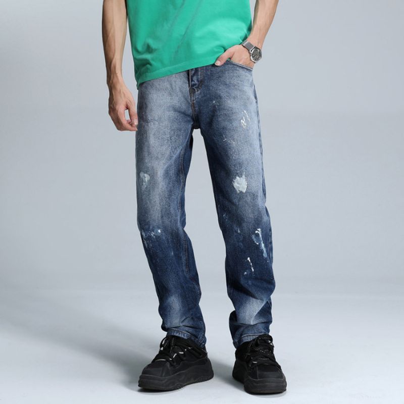 Jeans da uomo in denim effetto consumato di alta qualità, lavaggio effetto schizzi di vernice, gamba dritta, vestibilità rilassata, vita media (taglie 30-38, 80% cotone elasticizzato)_voghion.com