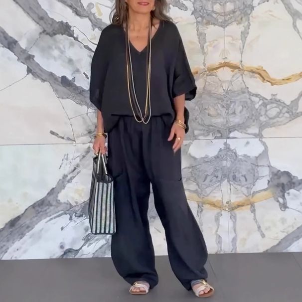 Women's Linen Blend V-Neck Short Sleeve Outfit Set – Breathable Spring Summer Casual Pure Color Minimalist Boho Chic Style"_voghion.com