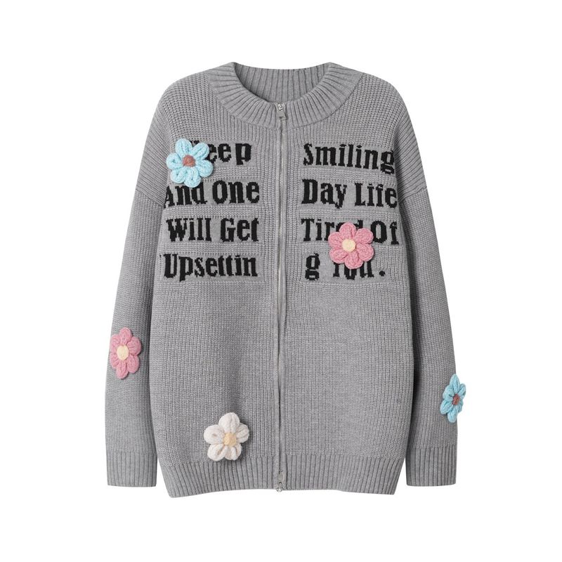 Men's Clothing street fashion double head zipper jacquard letter sweater accessories small flower decoration all match knitted sweater trend_voghion.com