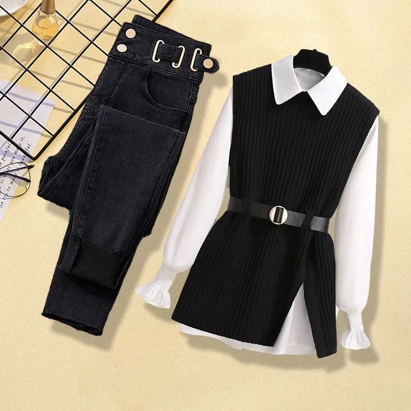 Women's Clothing Spring suit complete set new large size knitted vest shirt female temperament slim jeans three piece suit_voghion.com