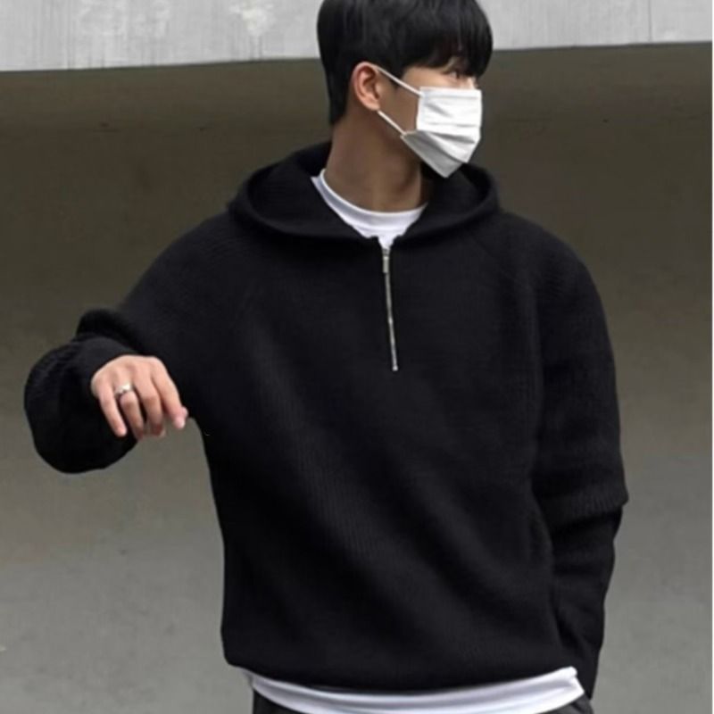 Half zip hooded sweater sweatshirt for men, autumn and winter, high-end feeg, ins trend, lazy style, knitted sweater,_voghion.com