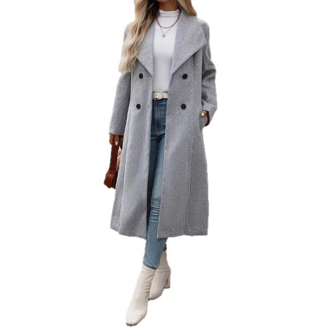 Sophisticated Long Wool Coat For Women - Slim Fit Double Breasted Trench Coat With Belt, Minimalist Casual Outerwear For Autumn Winter (Grey, S-XXL)​_voghion.com