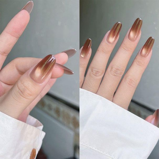 Brauner Kaffee-Farbverlauf, Katzenaugen-Design, abnehmbare, aufhellende Sticker im neuen Stil, hochwertige Nagelspitzen_voghion.com