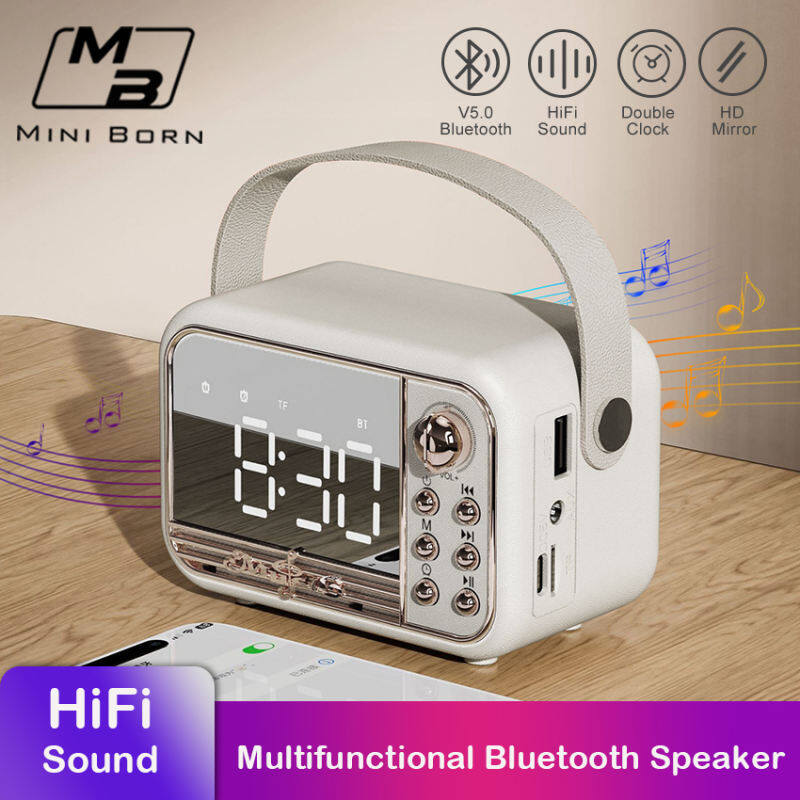 2024 Mini Retro Bluetooth Speaker Wireless Bluetooth Music Player Mirror Screen Digital Alarm Clock Multifunction LED Mirror Bluetooth Speaker TF Car_voghion.com