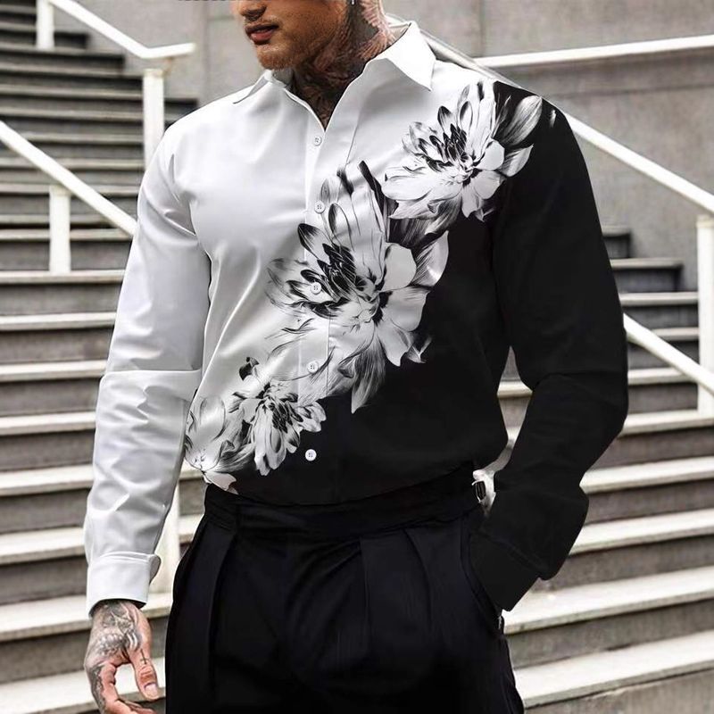 Herrenhemd Frühling und Herbst Revers Hawaiian Freizeit 3D-Druck Dünnes Langarmhemd Männer_voghion.com