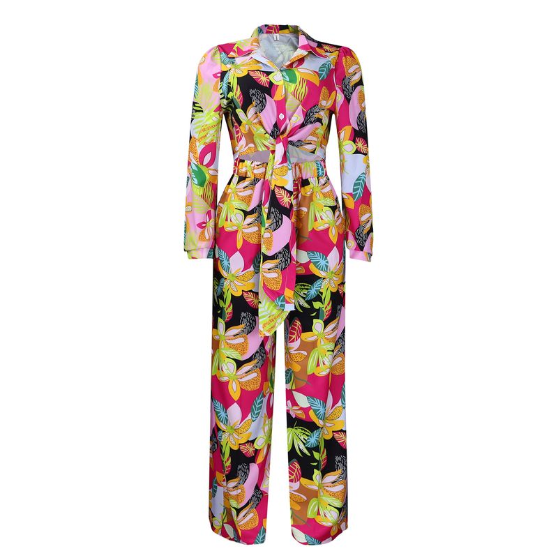 Women's Fashion Print Two-piece Suit Lapel Tie Shirt Wide Leg Pants Suit_voghion.com