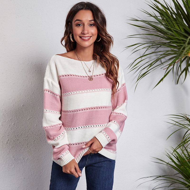 INS Network Red High Like One Line Neck Stripe Hollow out Knitted Sweater Women's Autumn and Winter New Women's Clothing_voghion.com