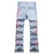 Men's Flared Jeans Retro 70s Style High Waist Wide Leg Denim Pants With Embroidered Plum Blossom Design - Light Blue_voghion.com