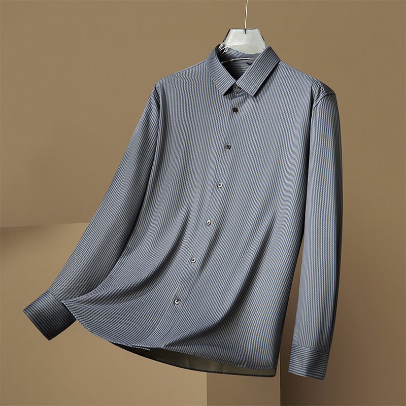 Camicia a righe in cashmere a maniche lunghe elasticizzata da uomo, taglie forti, camicia casual da uomo con risvolto, taglie forti_voghion.com