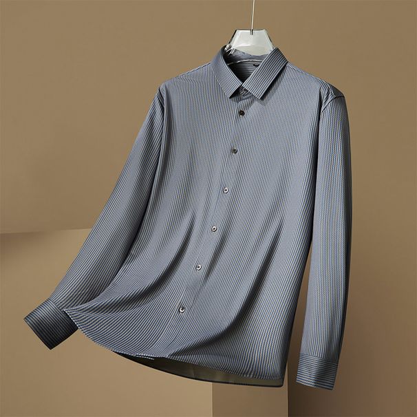 Camicia a righe in cashmere a maniche lunghe elasticizzata da uomo, taglie forti, camicia casual da uomo con risvolto, taglie forti_voghion.com