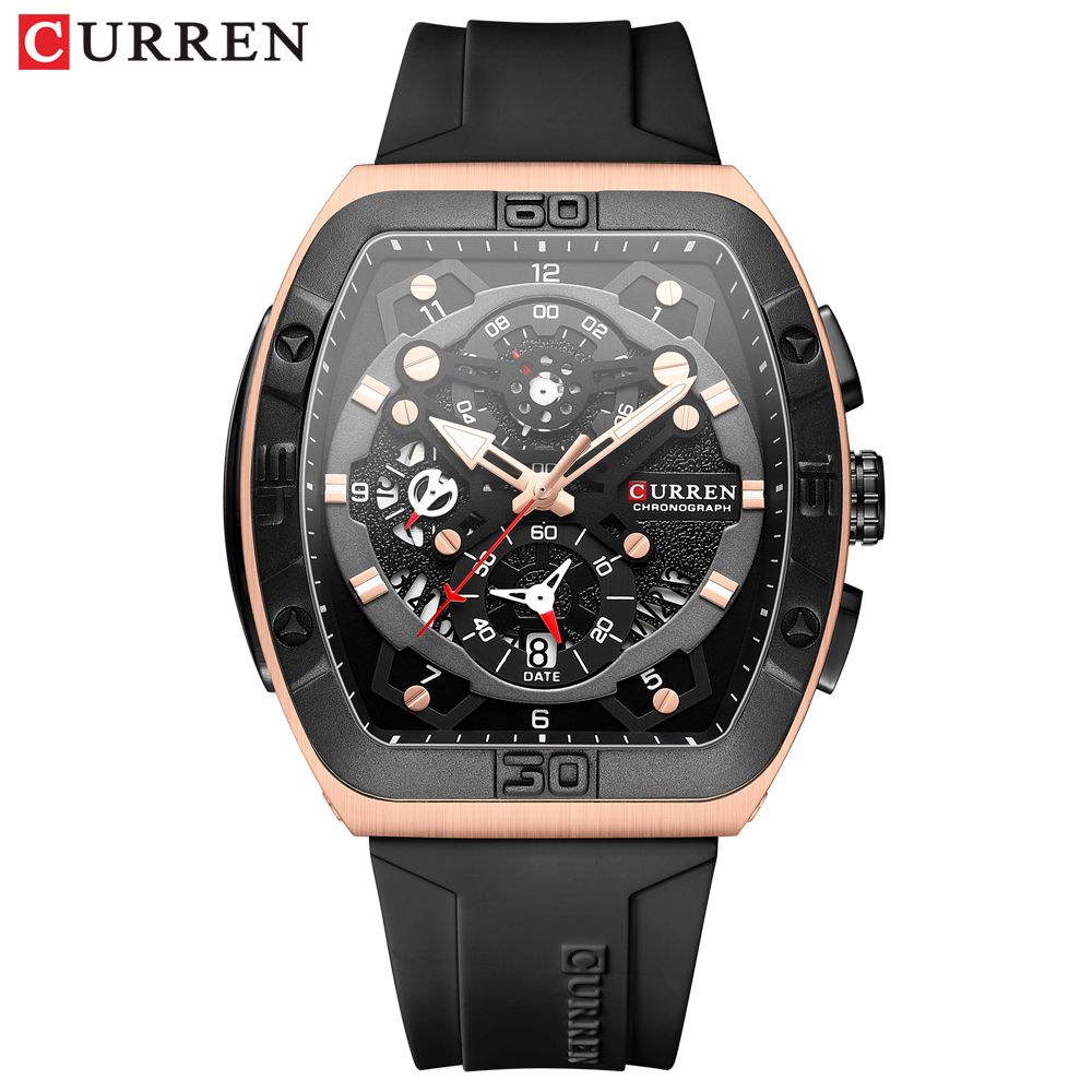 CURREN Brand Multifunctional Sports Luminous Quartz WristWatch Silicone Strap Waterproof Tonneau Shape Watch For Men_voghion.com