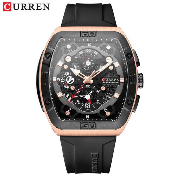 CURREN Brand Multifunctional Sports Luminous Quartz WristWatch Silicone Strap Waterproof Tonneau Shape Watch For Men_voghion.com