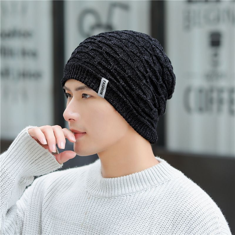 Hat versatile plush sweater autumn winter men's trendy cycling windproof and warm knitted with added label skiing hat_voghion.com