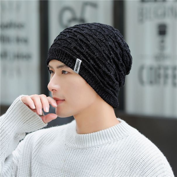 Hat versatile plush sweater autumn winter men's trendy cycling windproof and warm knitted with added label skiing hat_voghion.com