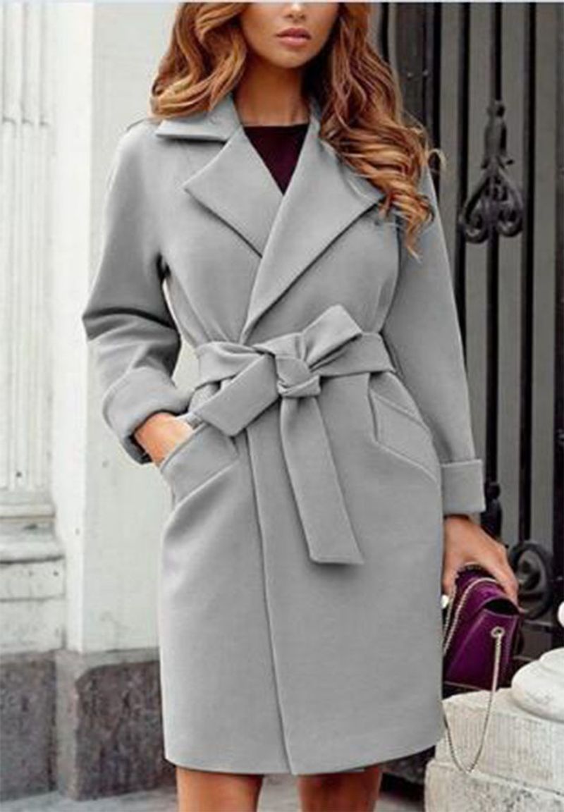 Cappotto giacca di lana con risvolto sottile con cintura moda autunno e inverno_voghion.com