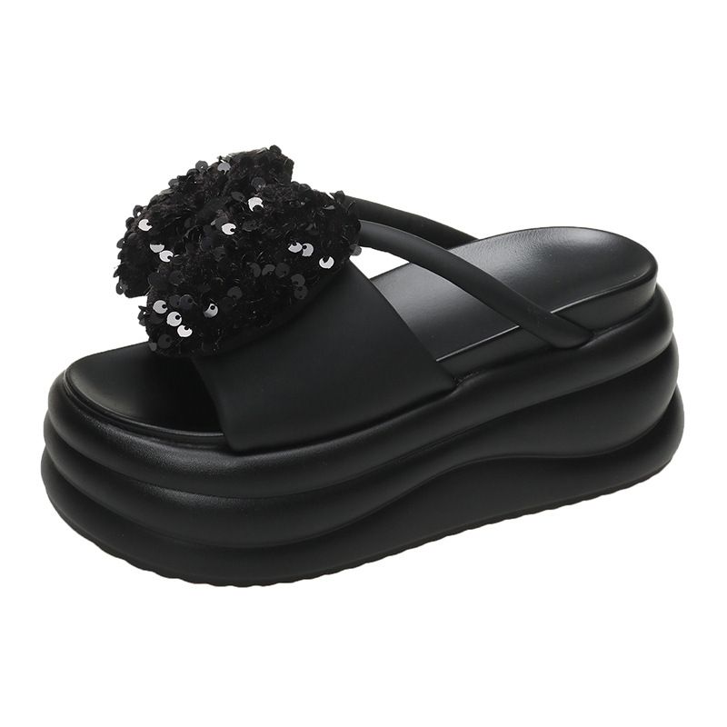 Sandálias de praia com lantejoulas e laço, sola grossa, moda verão, nova moda, bico redondo, tira única, chinelos para áreas externas_voghion.com