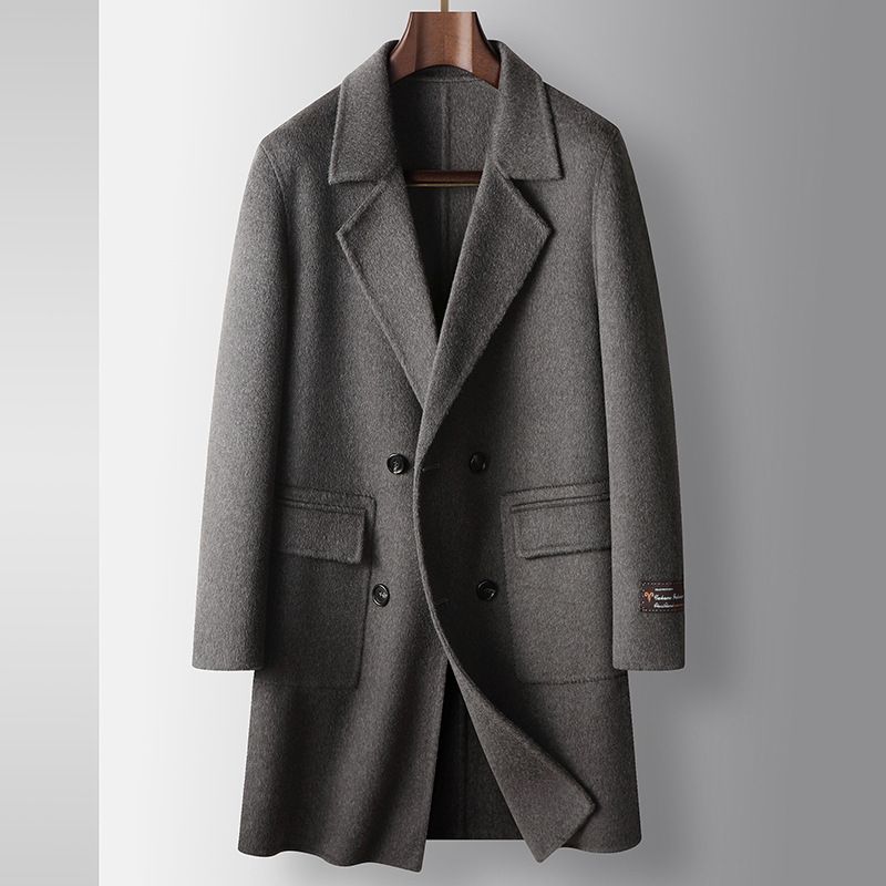 Herren-Trenchcoat aus 100 % Wolle – Slim-Fit-Zweireiher-Mantel für Business Casual (Staubmalve/Schiefergrau, Größen 170–190)​_voghion.com