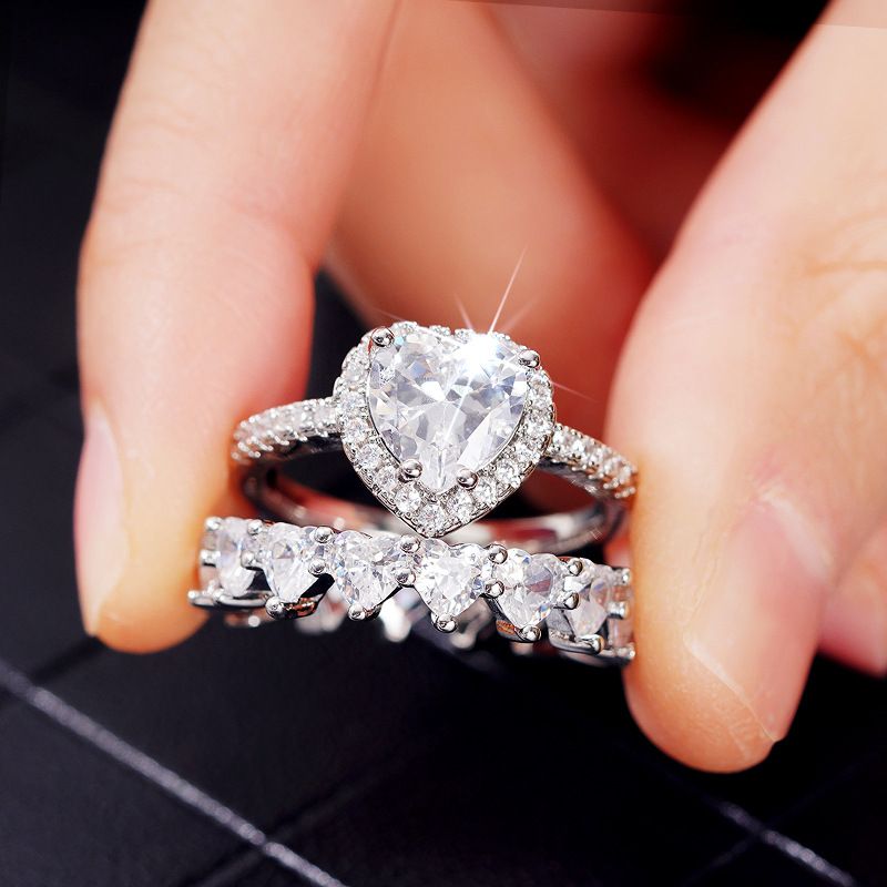 Ringensets Liefdesringen voor Vrouwen, Romantisch Prinsessenhuwelijkscadeau, Glanzende Hartvormige Zirkoon Elegante Ring_voghion.com