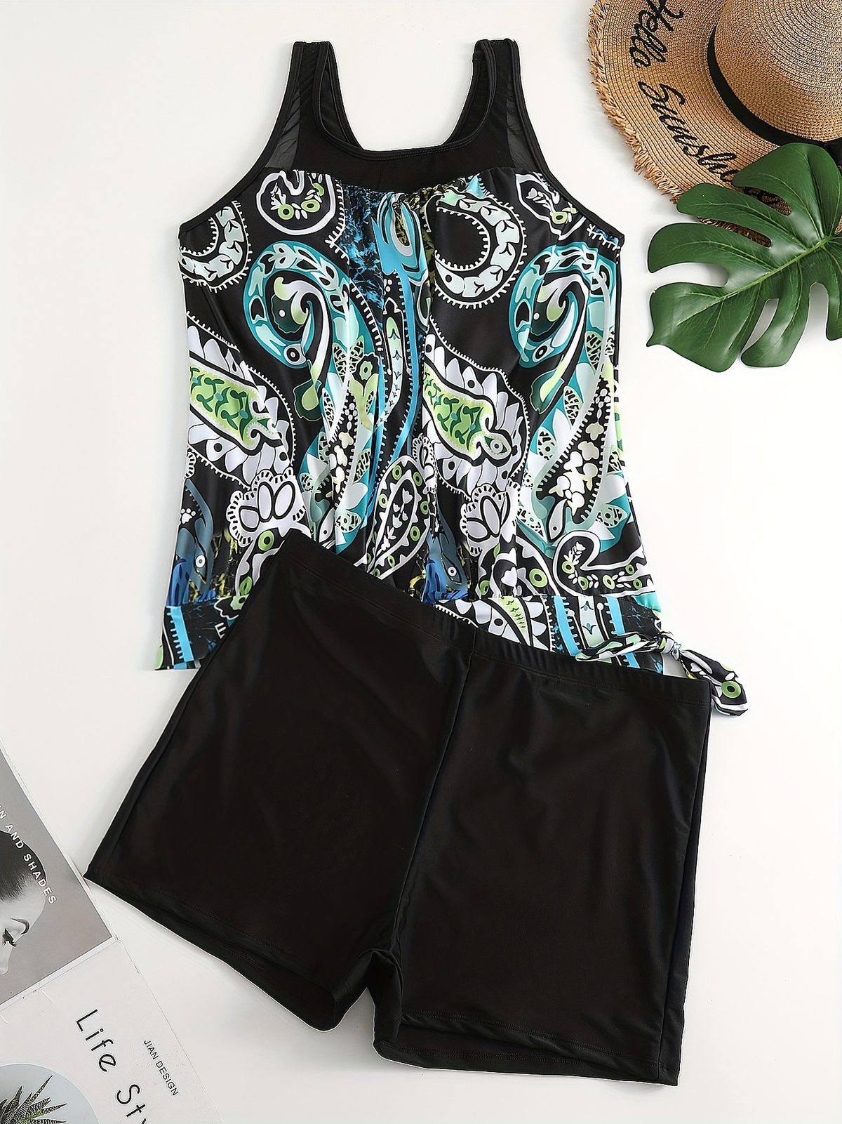 Costume da bagno tankini da donna con gonna - Stampa digitale floreale (collo alto, protezione UPF 50+, controllo della pancia, asciugatura rapida, spiaggia e piscina)_voghion.com