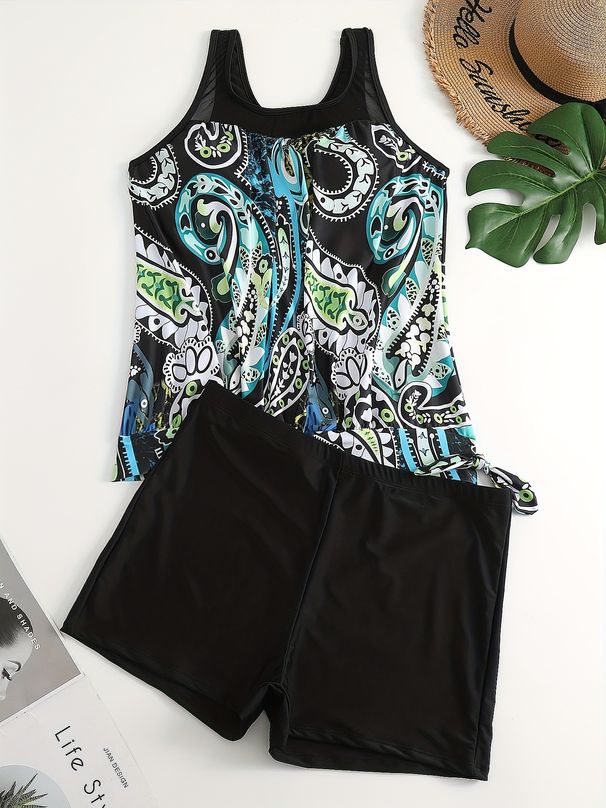 Costume da bagno tankini da donna con gonna - Stampa digitale floreale (collo alto, protezione UPF 50+, controllo della pancia, asciugatura rapida, spiaggia e piscina)_voghion.com