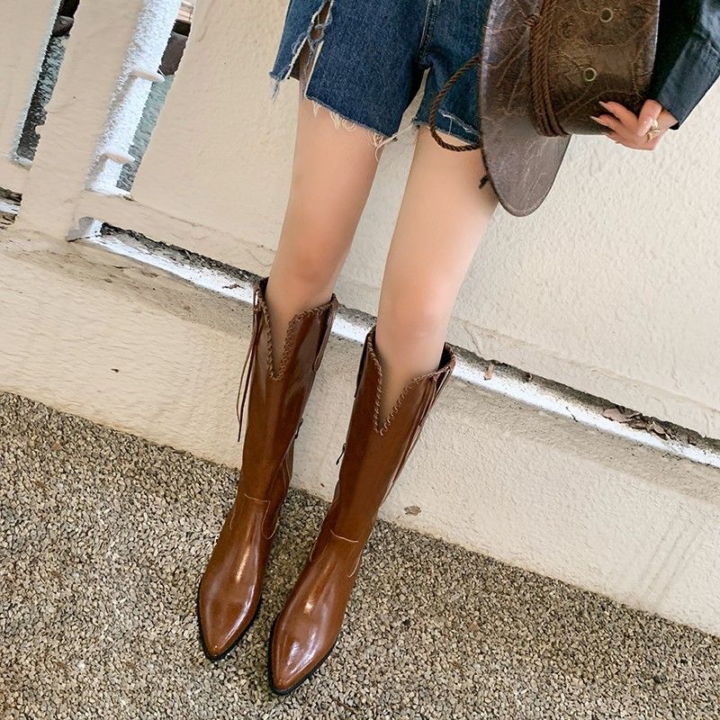 Summer Style Women Pointed Toe Western Cowboy Mid Over Knee Long High Tube Chunky Heel V-Cut Riding Boots_voghion.com