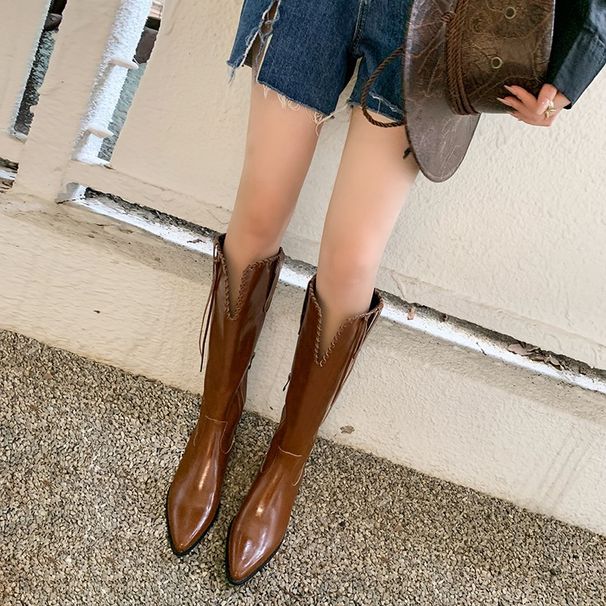 Summer Style Women Pointed Toe Western Cowboy Mid Over Knee Long High Tube Chunky Heel V-Cut Riding Boots_voghion.com