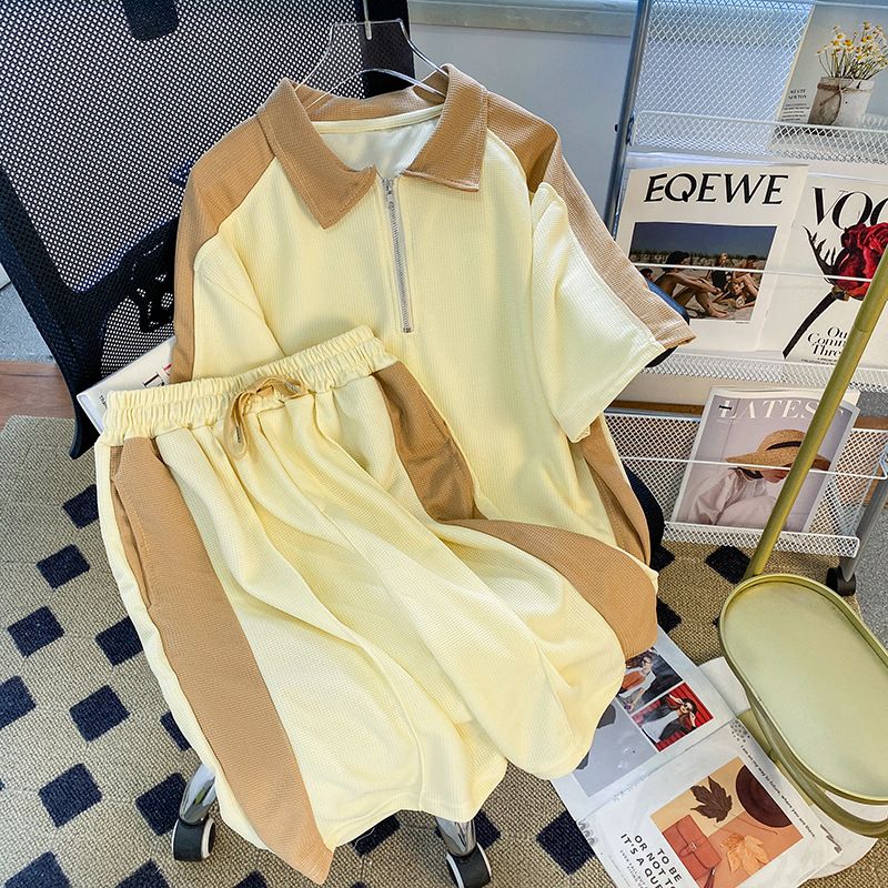 Herrenbekleidung Waffel-Sportanzug Sommer Herrenbekleidung farblich passendes Revers Kurzarm-T-Shirt-Set mit hübschen lässigen Shorts_voghion.com
