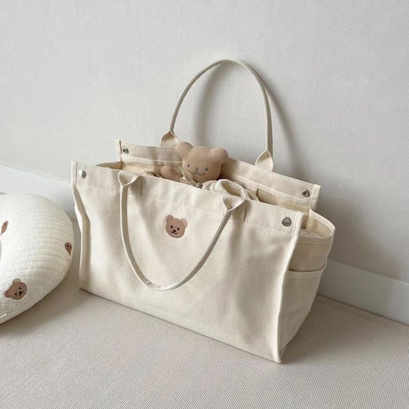 Fräizäit, minimalistesch, villfälteg, Bieren-gestickte Mamm-Go-Out-Leinwandtasch, Mamm a Puppelchen-Handtasche_voghion.com