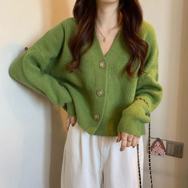 Korean-Style Minimalist Cardigan – Slim-Fit V-Neck Knit Sweater With Single-Breast Buttons, Soft Polyester-Nylon Blend In 5 Elegant Colors_voghion.com