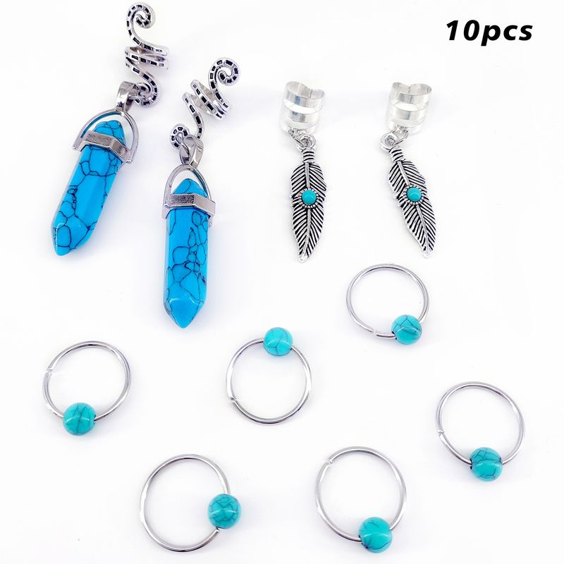 10-teiliges Set Haarschmuck im Bohème-Stil, stylische türkisfarbene Haarspangen aus Metall, exotische Flechthaarringe, Hot Girl Dreadlock-Ornamente_voghion.com