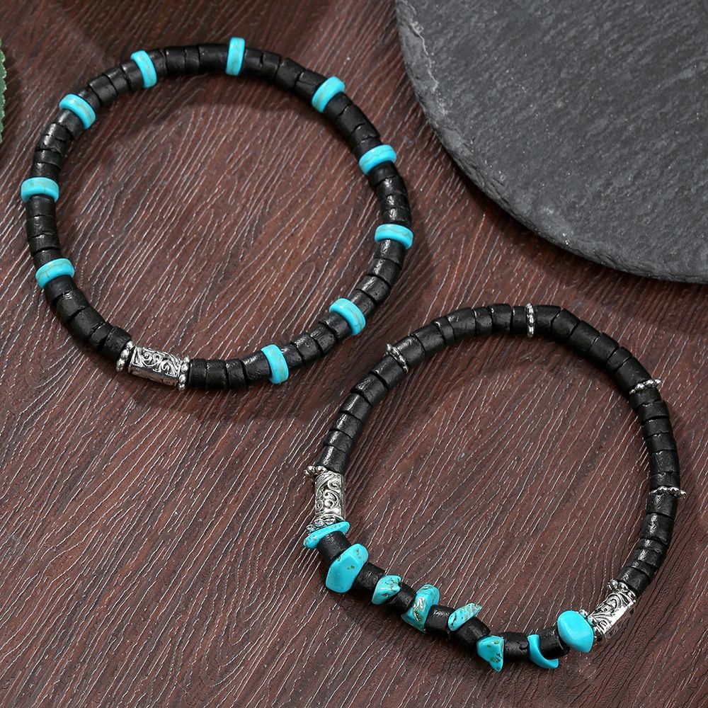 Retro Herren Holzperlen Türkis Armband Kombination Mehrschichtiges Stapelarmband Elastisches Perlenarmband Hip Hop Urlaubsarmband Herren_voghion.com