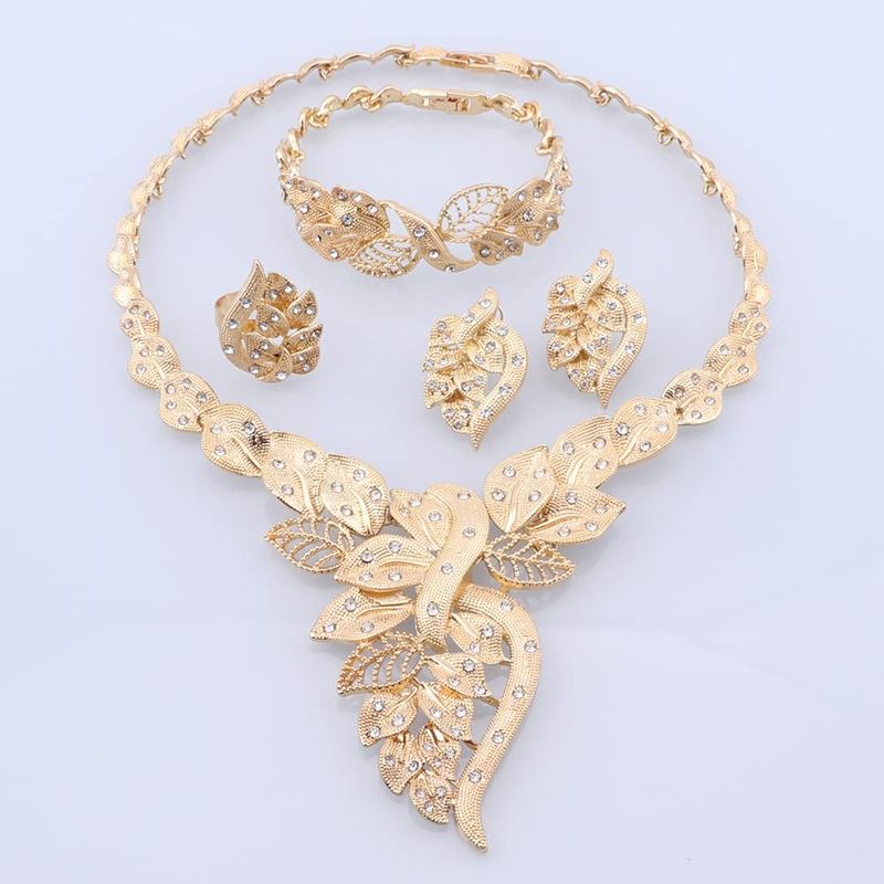 African Dubai Gold Jewelry Nigerian Crystal Necklace Hoop Earrings Ring Women Italian Bridal Jewelry Sets Wedding Accessories_voghion.com