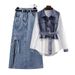 Abbigliamento da donna Autunno Outfit Un set completo 2024 Nuova moda Salty Due pezzi Camicia Gonna in denim a vita alta Due pezzi_voghion.com