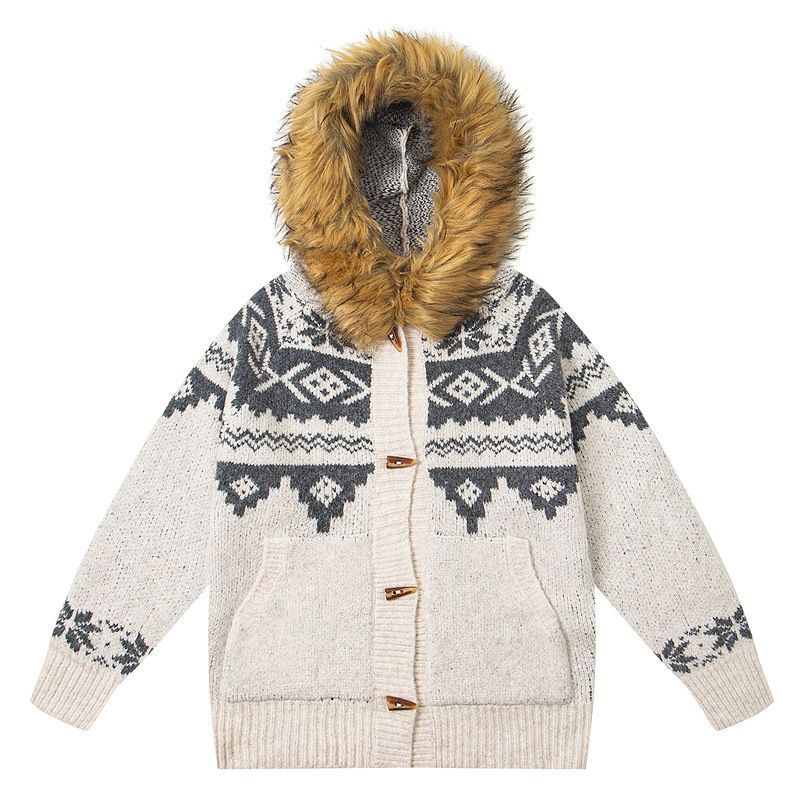 Fair-Isle-Strickjacke mit Kapuze für Damen und Herren – Vintage-Muster im nordischen Stil, kuscheliges Fleecefutter, Unisex-Pullover im Oversize-Stil (Grau, Beige)_voghion.com