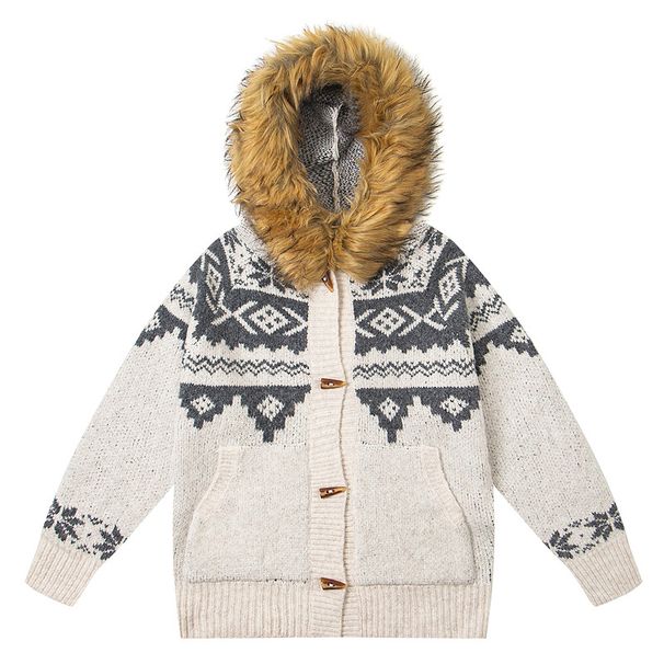 Fair-Isle-Strickjacke mit Kapuze für Damen und Herren – Vintage-Muster im nordischen Stil, kuscheliges Fleecefutter, Unisex-Pullover im Oversize-Stil (Grau, Beige)_voghion.com