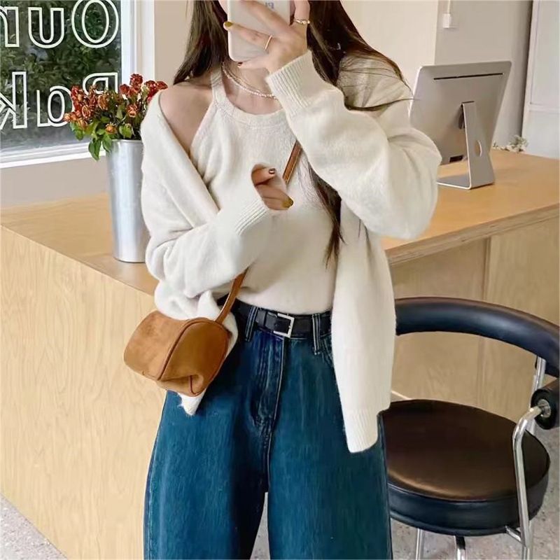 Gilet à bretelles doux de couleur unie pour femme, cardigan tricoté à manches longues et col en V, vêtements d'extérieur, pull pour femme, ensemble deux pièces_voghion.com