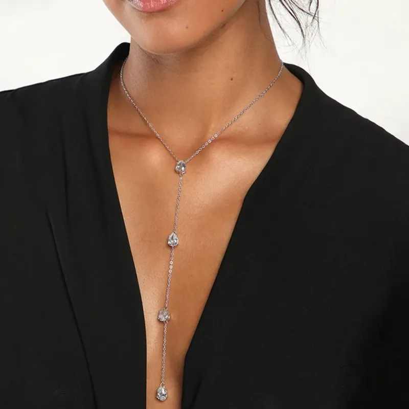Moda XSBODY Prosty kryształowy naszyjnik na obojczyk Biżuteria dla kobiet 2024 Moda Metalowy długi łańcuch Choker Akcesoria do sukienek Prezent_voghion.com