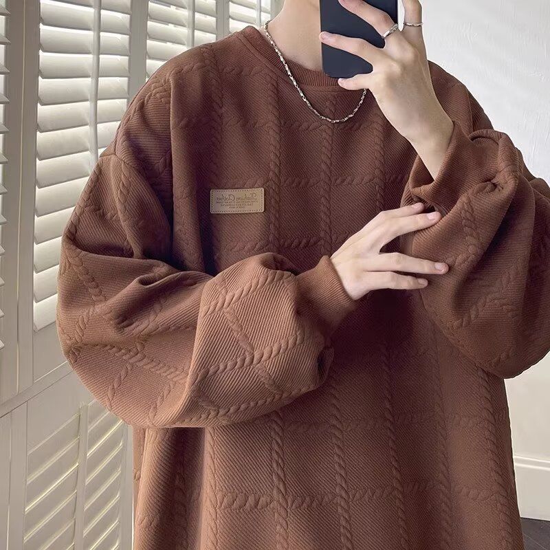 Rundhals-Kapuzenpullover für Herren, locker sitzende Kleidung, schweres Gewicht, keine Mütze, langärmliges Oberteil, inneres T-Shirt_voghion.com