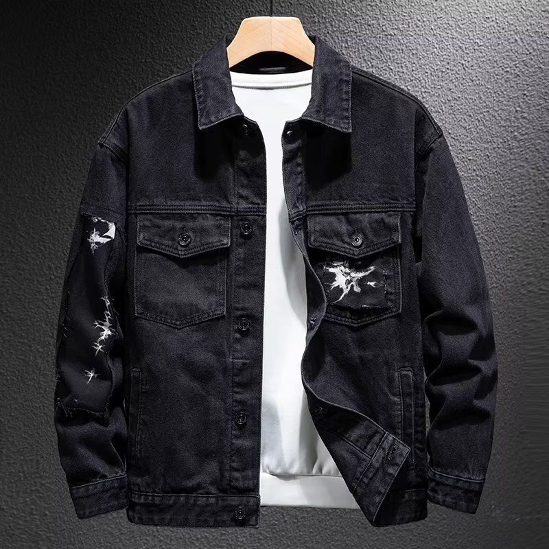 High Street Denim Jacket Men's Clothing Spring And Autumn New Motorcycle Lightning Splicing Jacket Black Trendy Brand_voghion.com