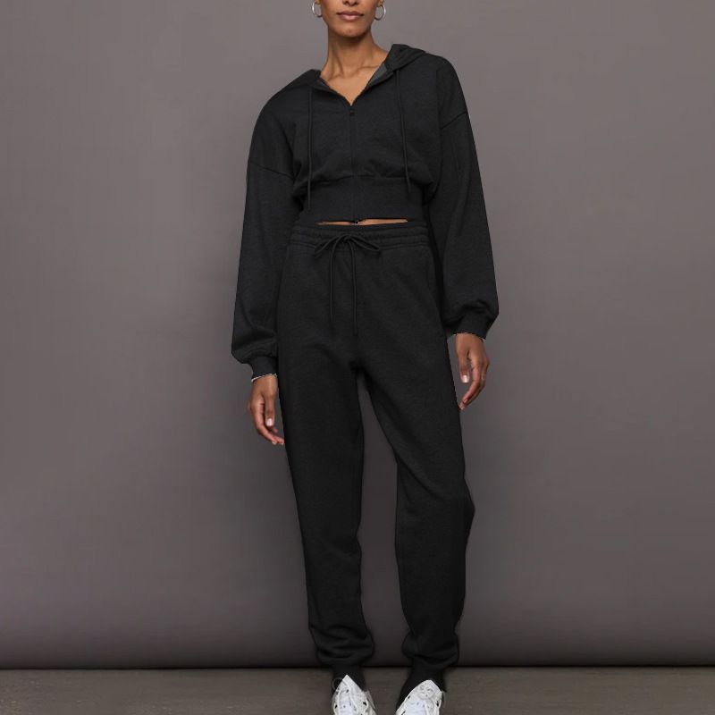 001 Custom Processing Autumn Winter Set Short Zipper Hooded Sweatshirt Jacket Loose Drawstring Jogger Pants_voghion.com