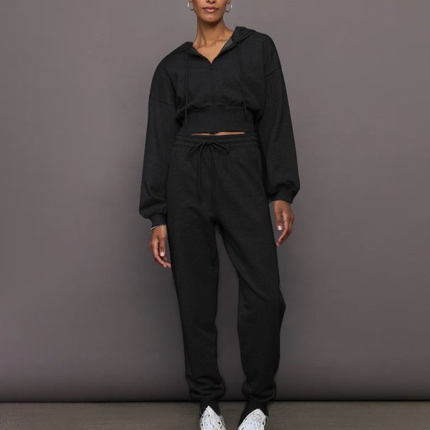 001 Custom Processing Autumn Winter Set Short Zipper Hooded Sweatshirt Jacket Loose Drawstring Jogger Pants_voghion.com