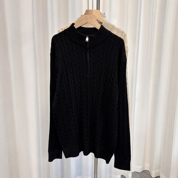 Herren-Strickpullover mit halbem Reißverschluss – Winterpullover aus Wolle, lässiges Langarmshirt für Herbst und Winter (Schwarz, Ton)_voghion.com