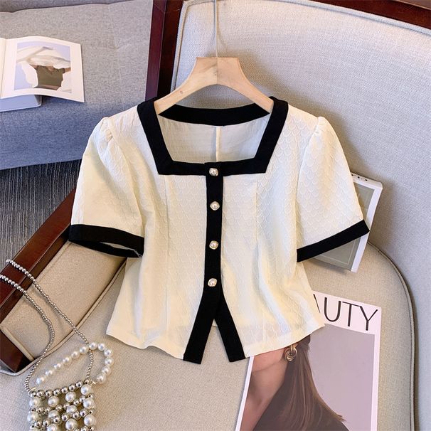 Women's Clothing Large Size Suit For Women In Summer, Two Piece Suit For Fat Girls, Age Reducing Splicing, Button Square Collar Top With High Waist_voghion.com