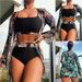 2025 New Maple Leaf Print Long Sleeve Patchwork Bikini Three-Piece Set High Waist Swimsuit For Women_voghion.com