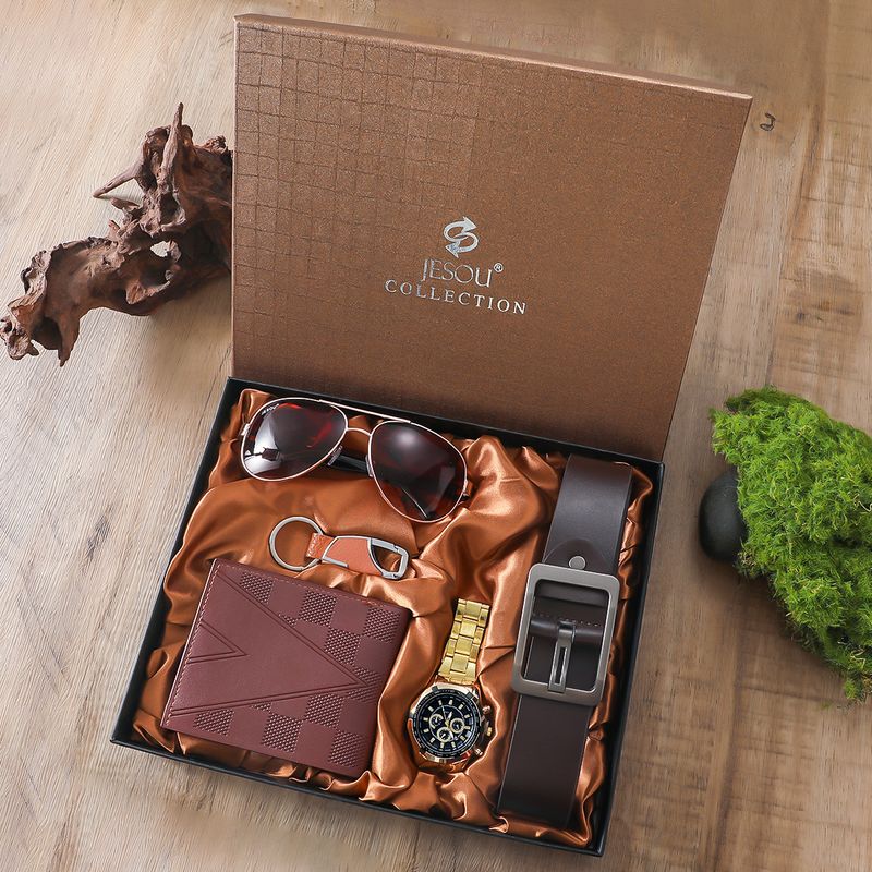 5pcs/set Men's New Business Cool New Three-eye Watch Wallet Belt Keychain Sunglasses Gift Box Set_voghion.com