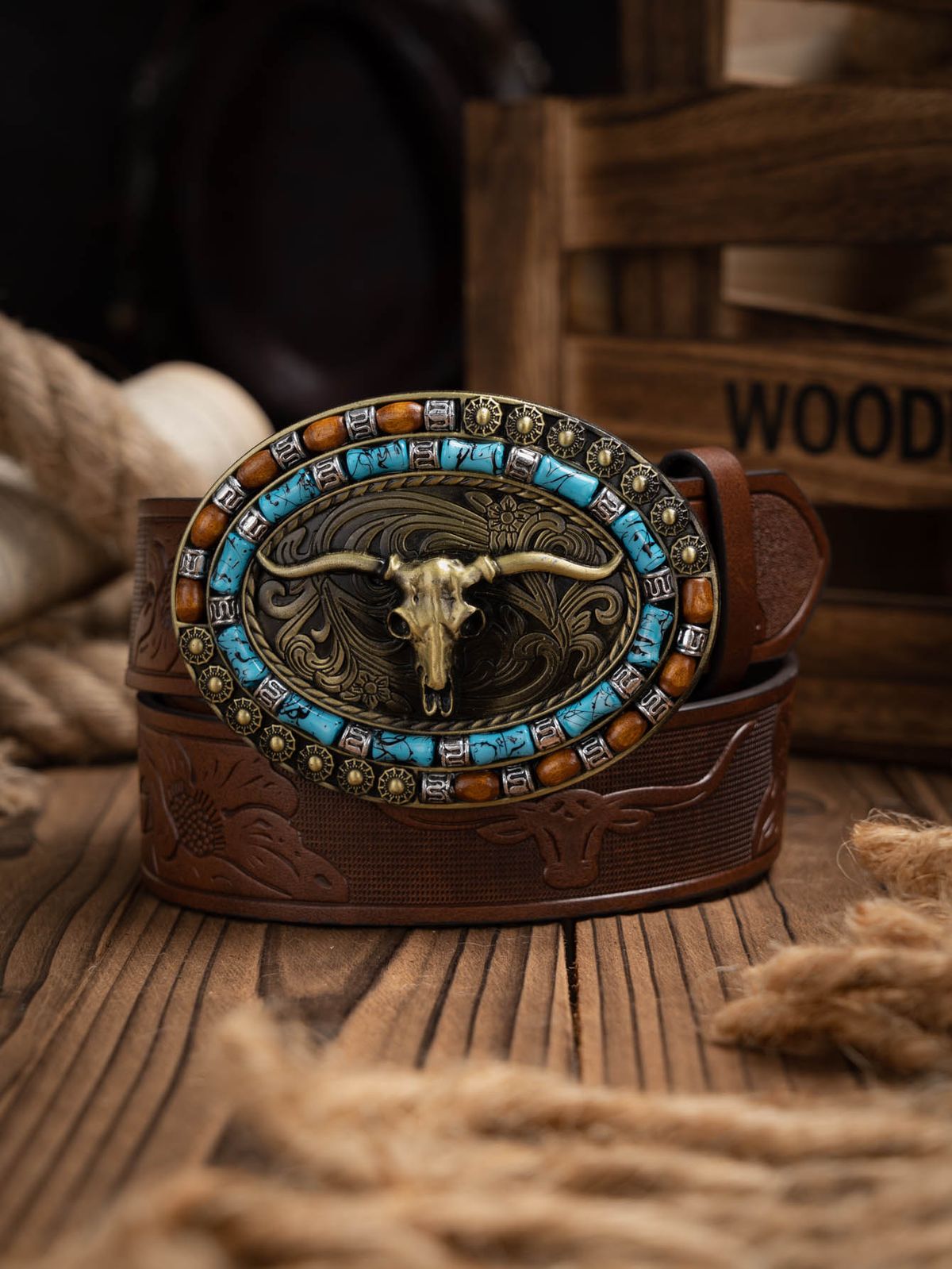 Cintura in pelle PU HOT Western Cowboy - Cintura da uomo con decorazione toro floreale incisa per jeans_voghion.com