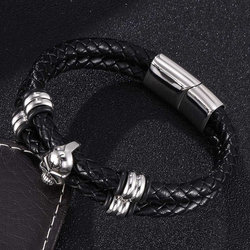 【Direct】Handwoven Double Layer Leather Bracelet Skull Ghost Head Stainless Steel Rock Punk Gift_voghion.com