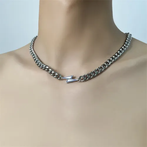 New Style Diamond-Encrusted Lightning Cuban Necklace For Men, Full Titanium Steel, Non-Fading, Heavy Craft, High-End_voghion.com